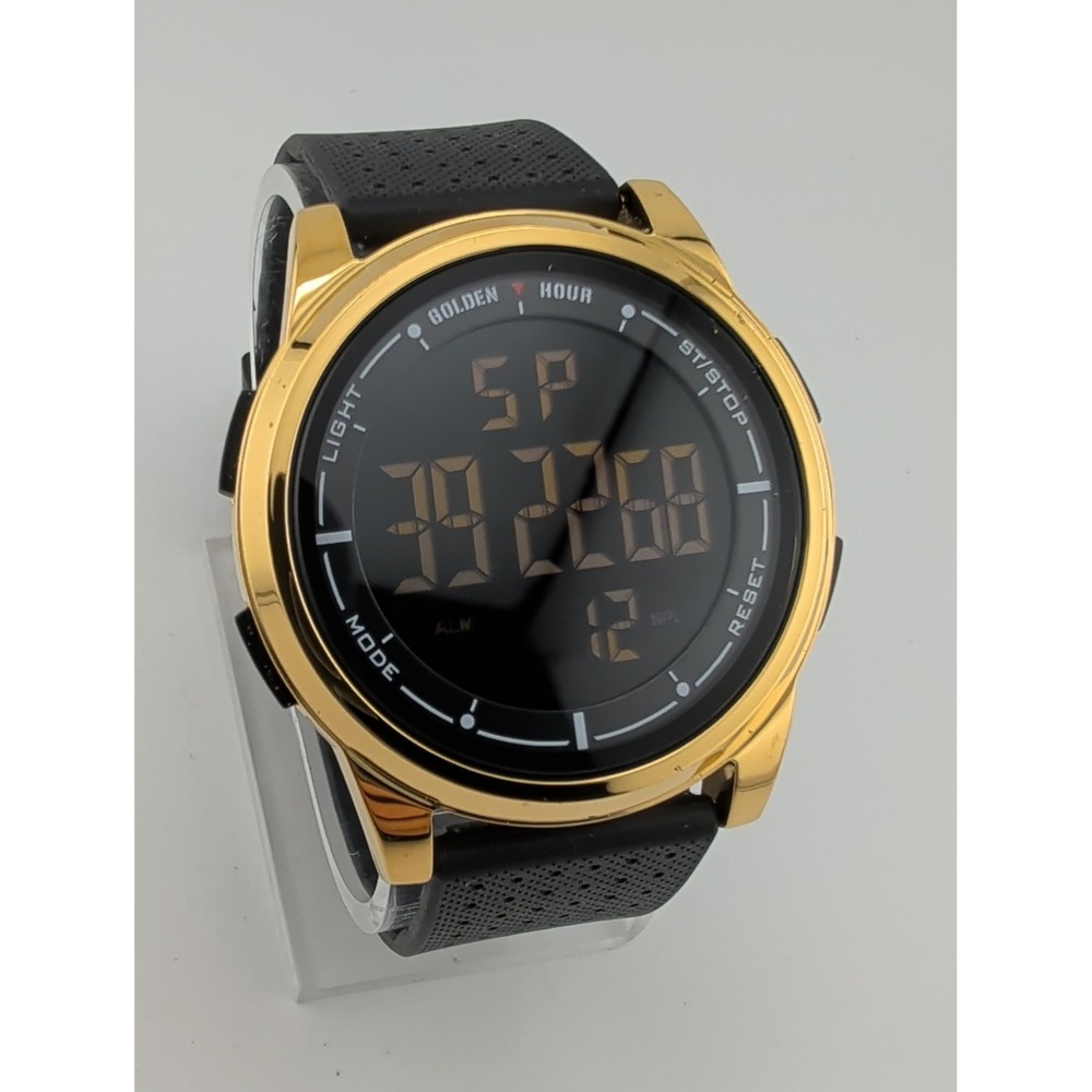 Golden Hour Men's Digital Watch 44mm Gold Case Black Band Backlight- New Battery